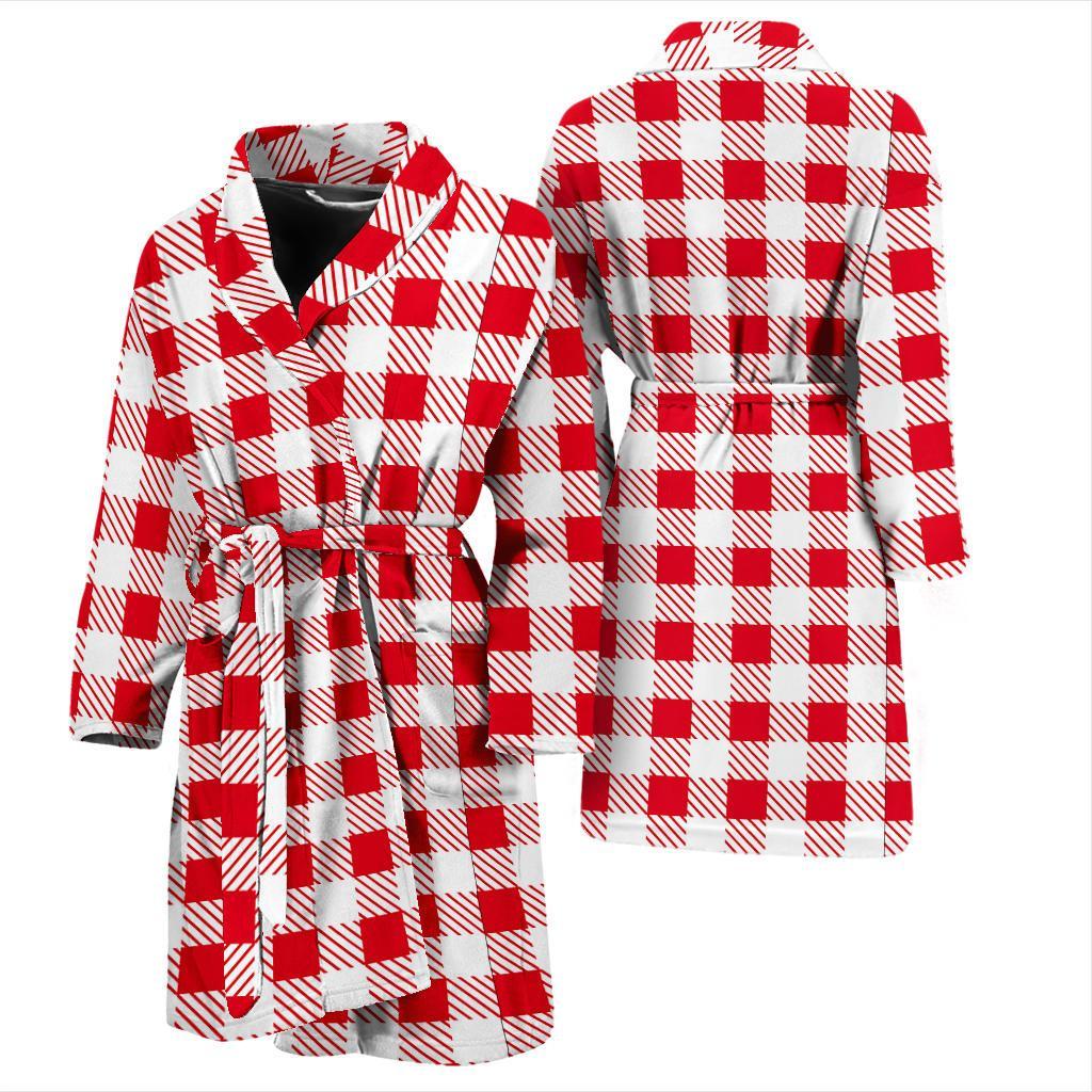 Gingham Red Pattern Print Men Long Robe-grizzshop