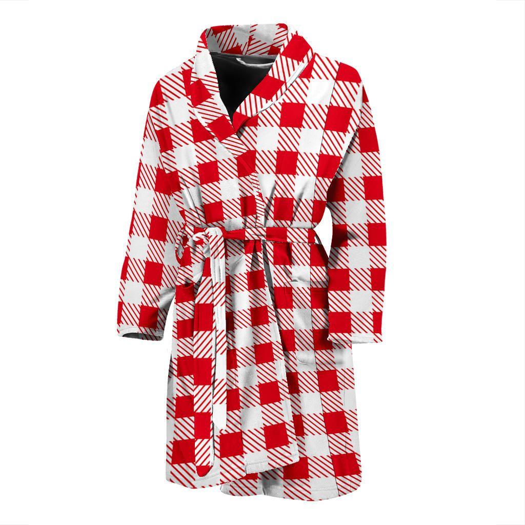 Gingham Red Pattern Print Men Long Robe-grizzshop