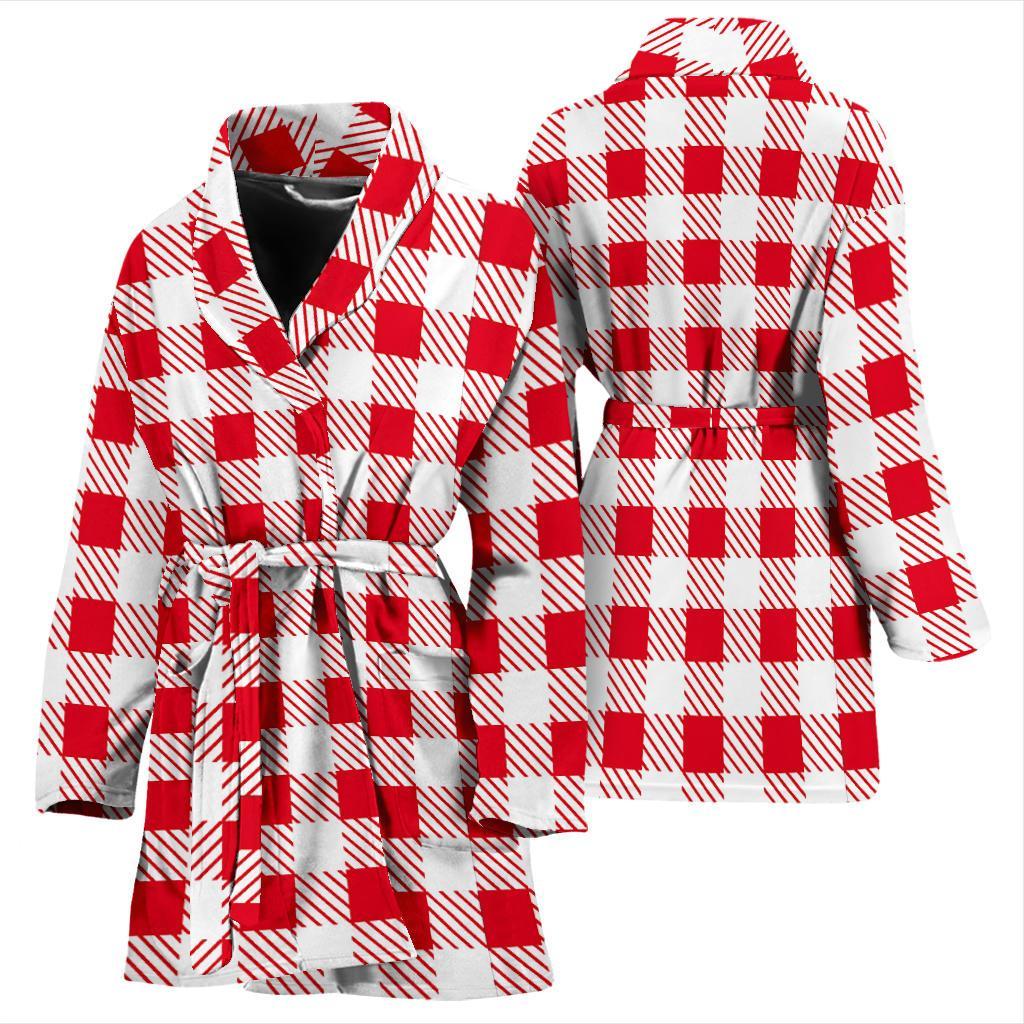 Gingham Red Pattern Print Women Long Robe-grizzshop