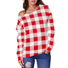 Gingham Red Pattern Print Women Off Shoulder Sweatshirt-grizzshop