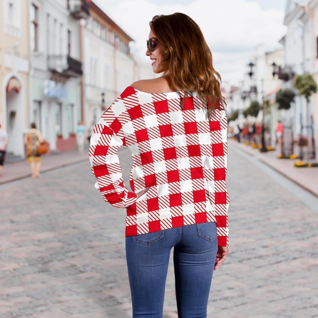 Gingham Red Pattern Print Women Off Shoulder Sweatshirt-grizzshop