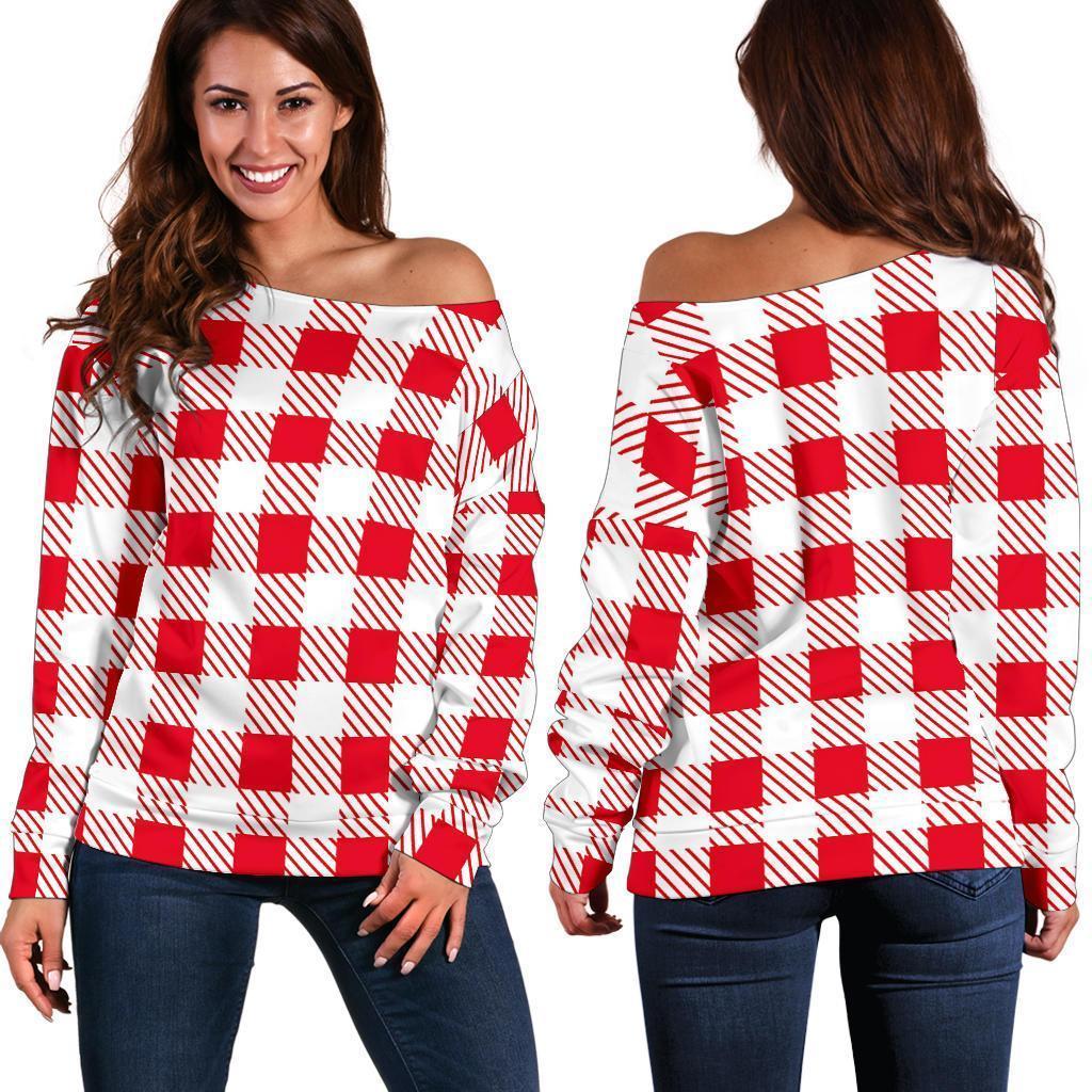 Gingham Red Pattern Print Women Off Shoulder Sweatshirt-grizzshop