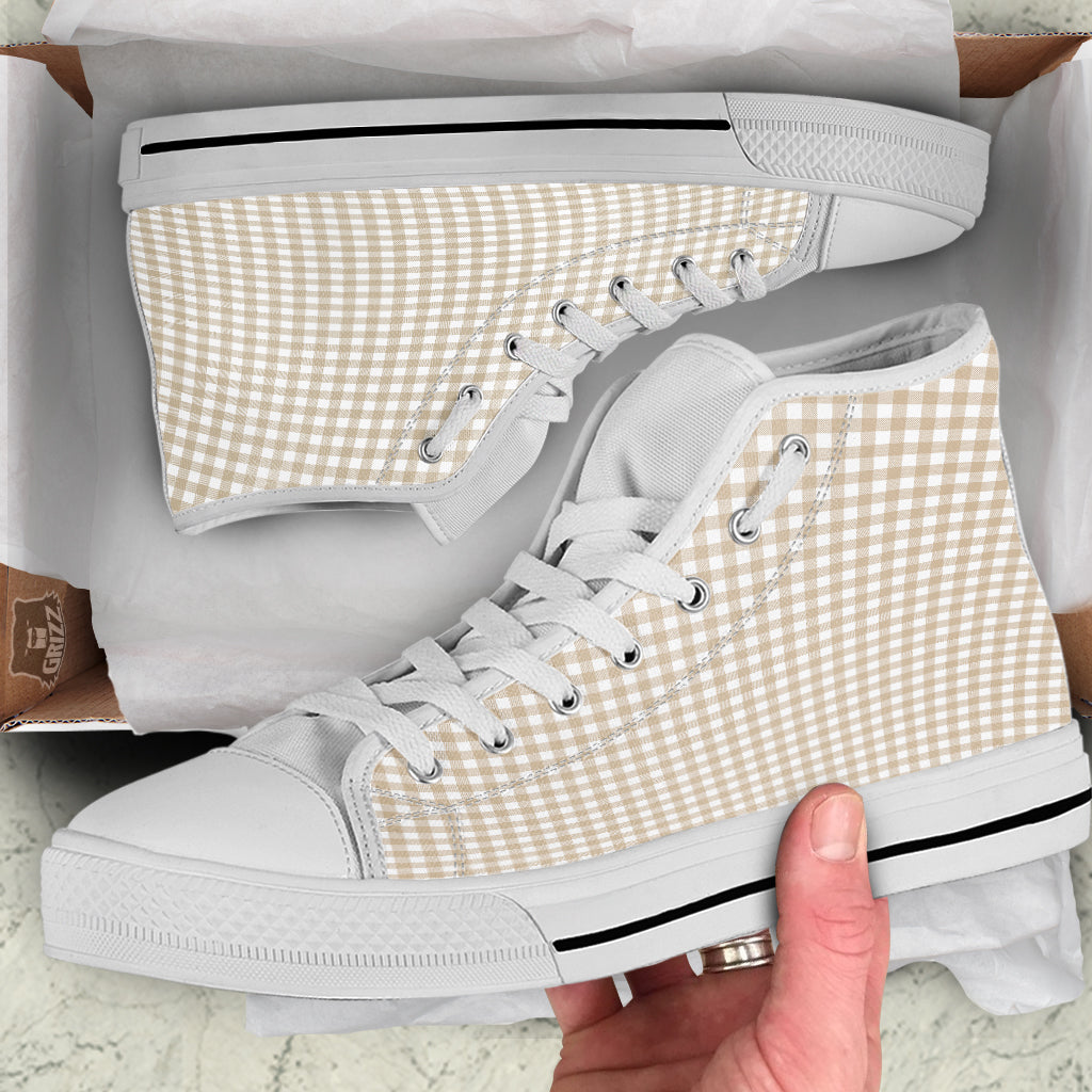Gingham White And Beige Print Pattern White High Top Shoes-grizzshop
