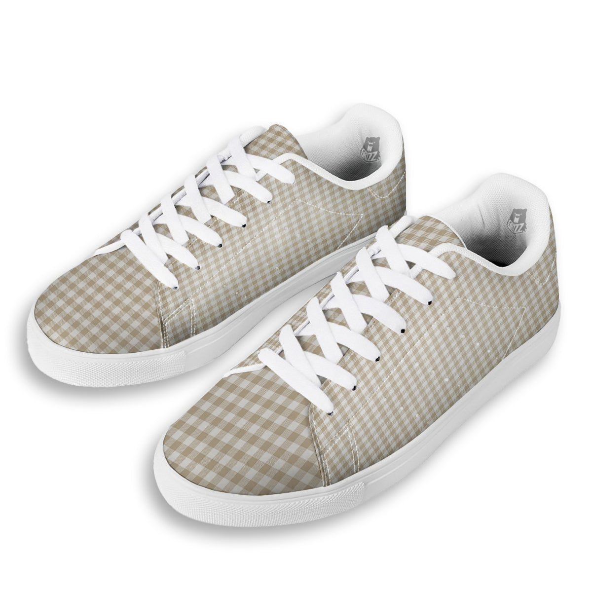 Gingham White And Beige Print Pattern White Low Top Sneakers-grizzshop