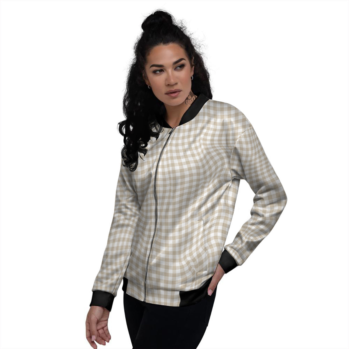 Gingham White And Beige Print Pattern Women's Bomber Jacket-grizzshop