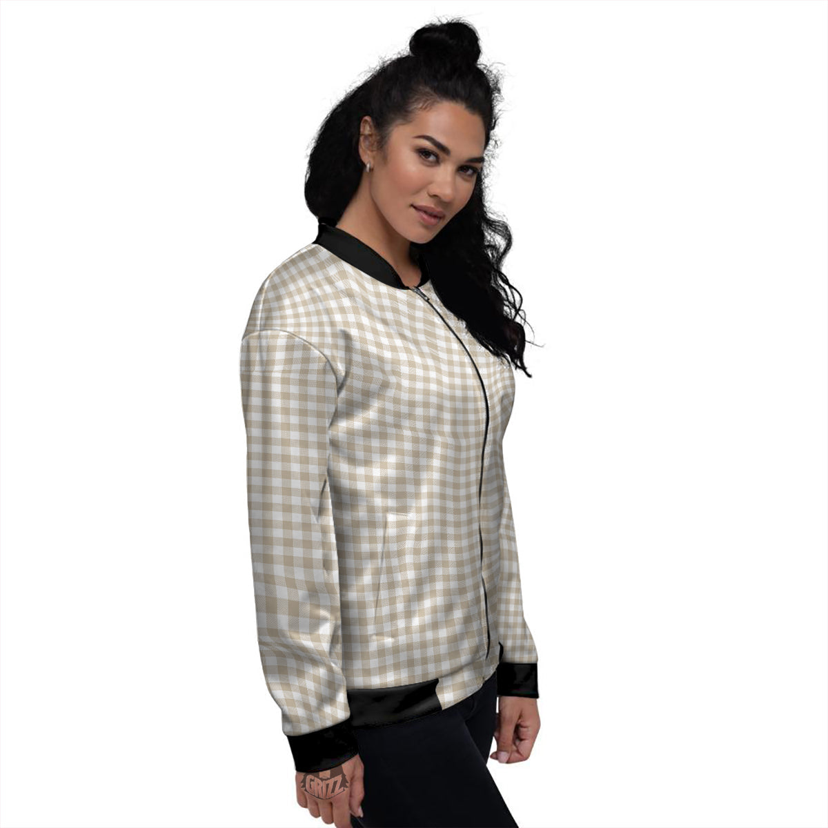 Gingham White And Beige Print Pattern Women's Bomber Jacket-grizzshop