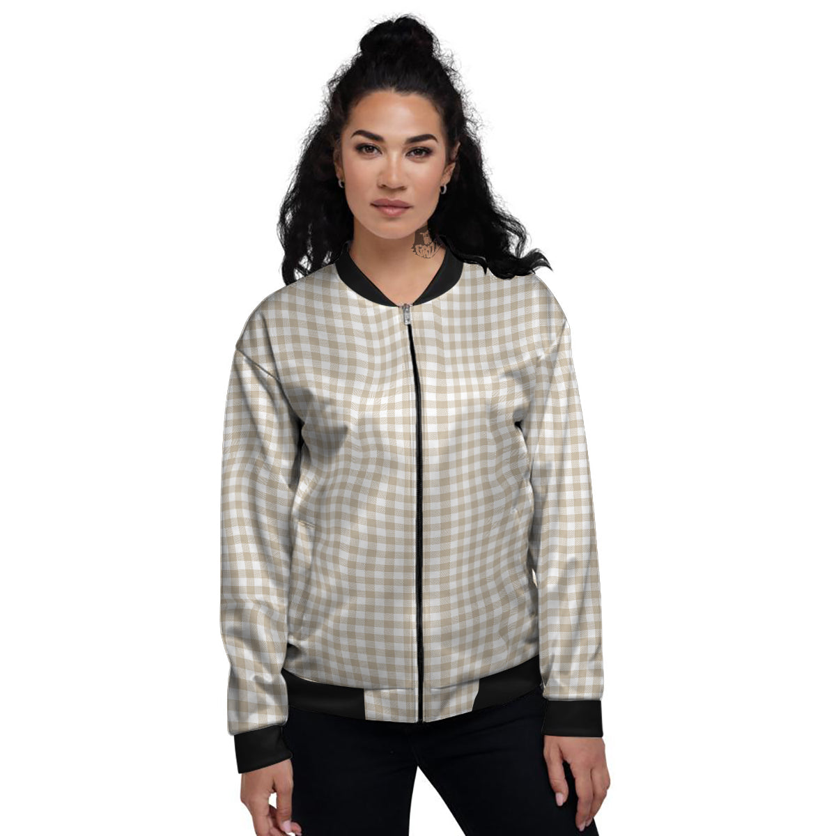 Gingham White And Beige Print Pattern Women's Bomber Jacket-grizzshop