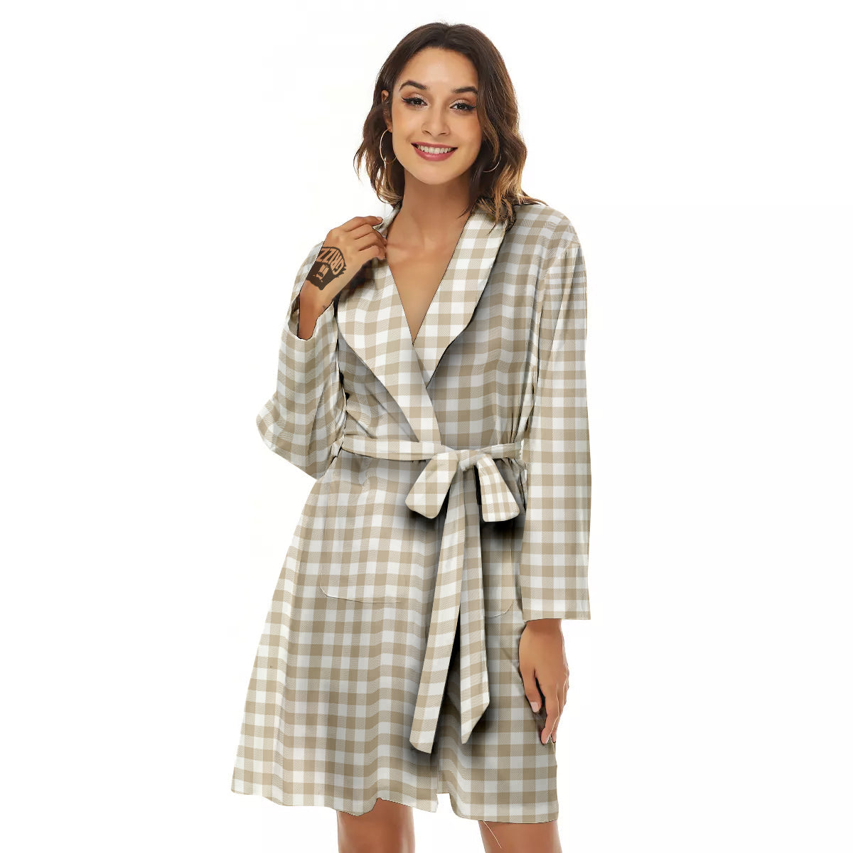 Gingham White And Beige Print Pattern Women's Robe-grizzshop