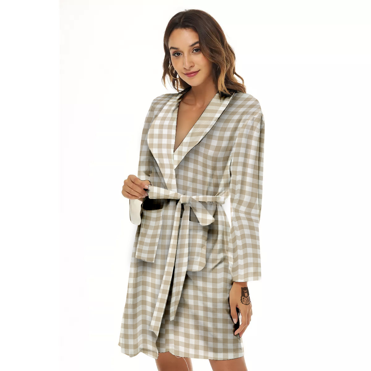 Gingham White And Beige Print Pattern Women's Robe-grizzshop