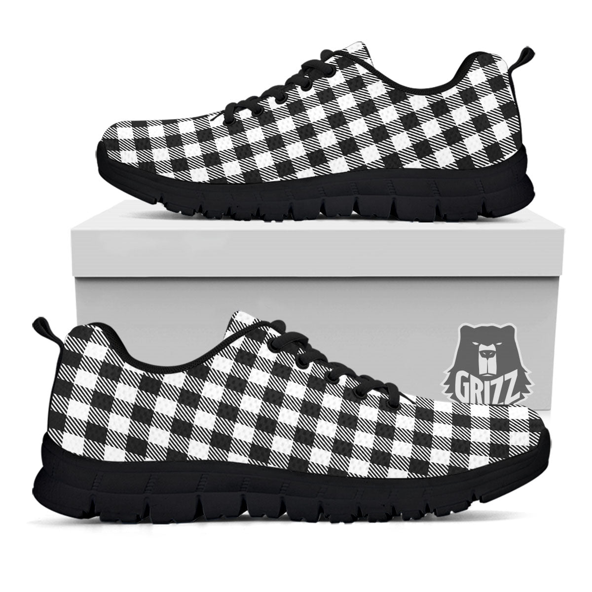 Gingham White And Black Print Pattern Black Sneaker-grizzshop