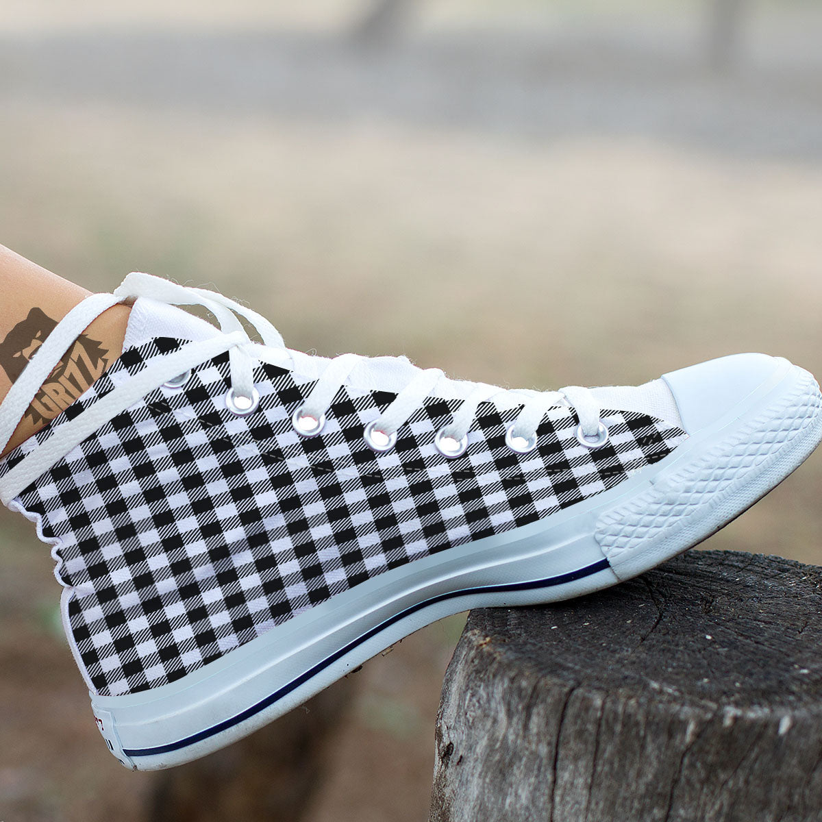 Gingham White And Black Print Pattern White High Top Shoes-grizzshop