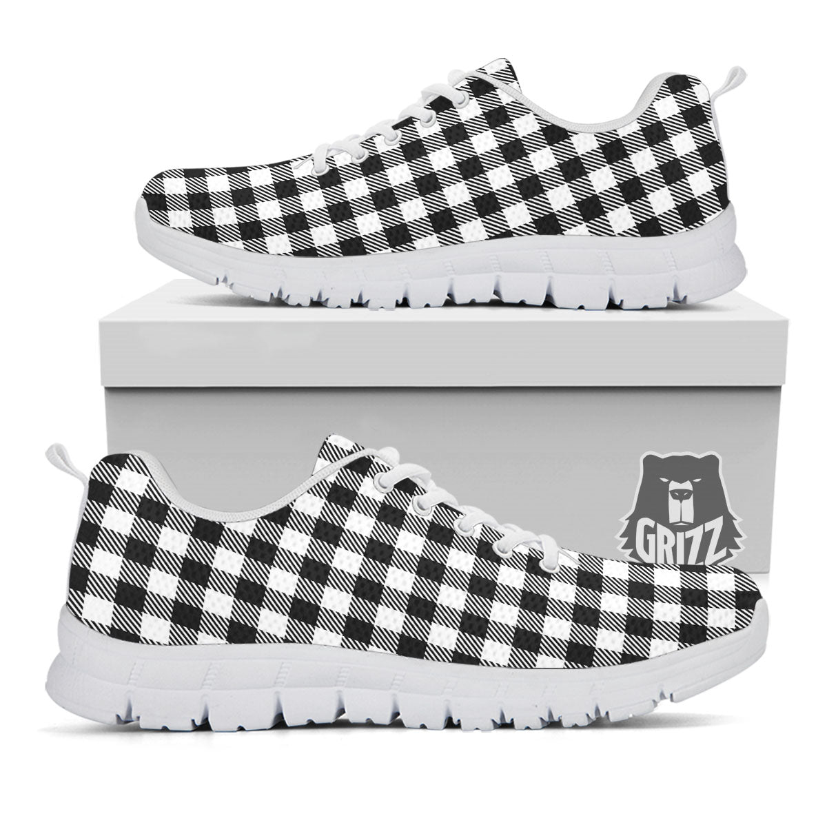 Gingham White And Black Print Pattern White Sneaker-grizzshop