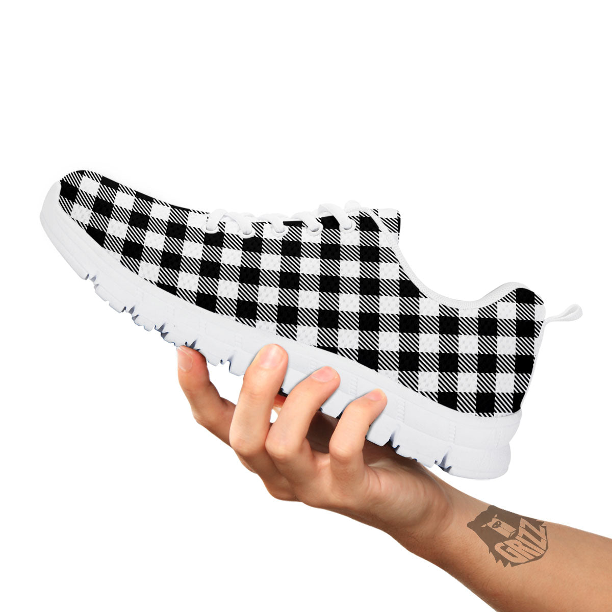 Gingham White And Black Print Pattern White Sneaker-grizzshop