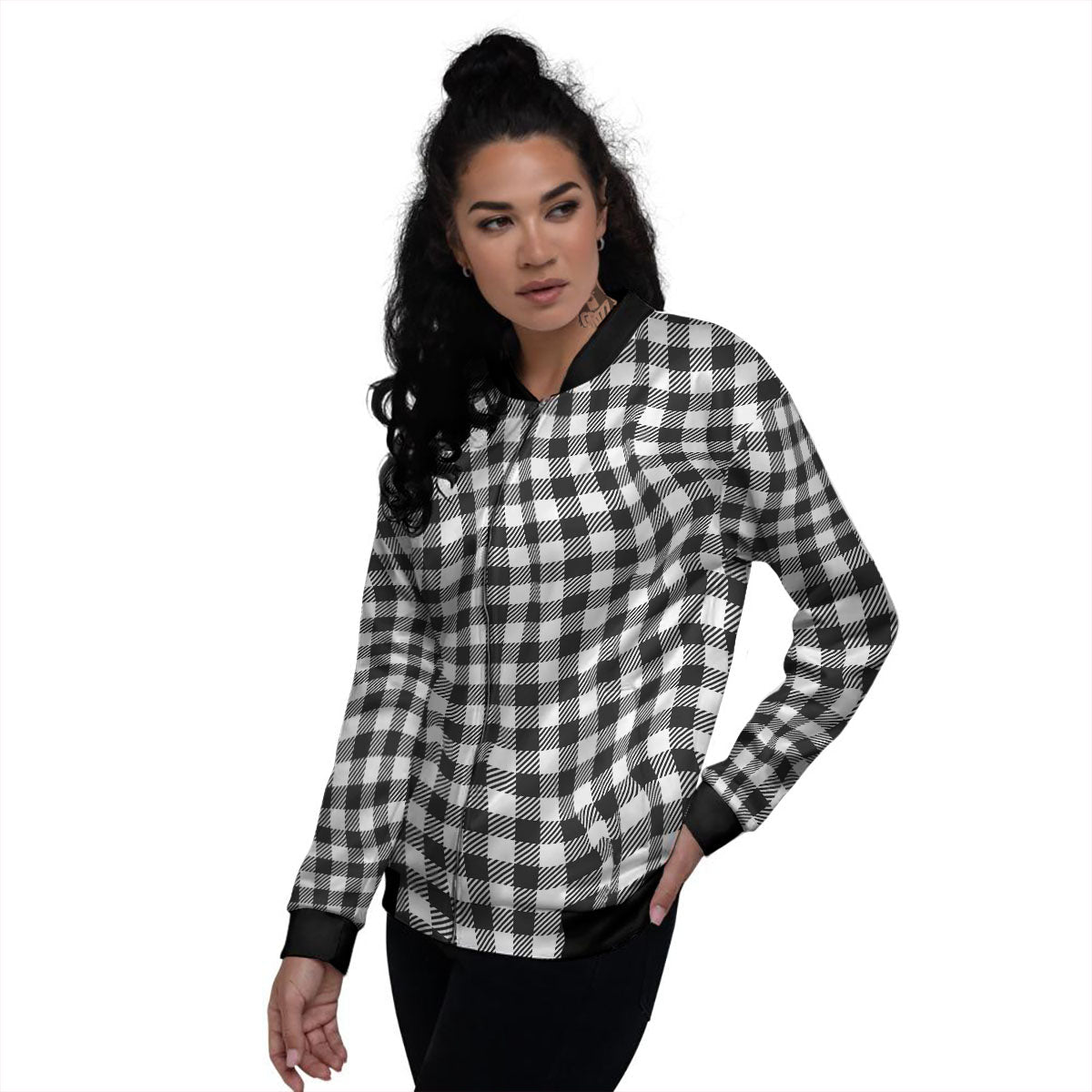 Gingham White And Black Print Pattern Women's Bomber Jacket-grizzshop