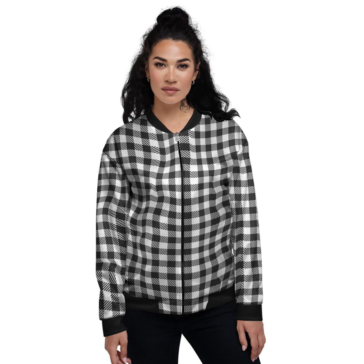 Gingham White And Black Print Pattern Women's Bomber Jacket-grizzshop