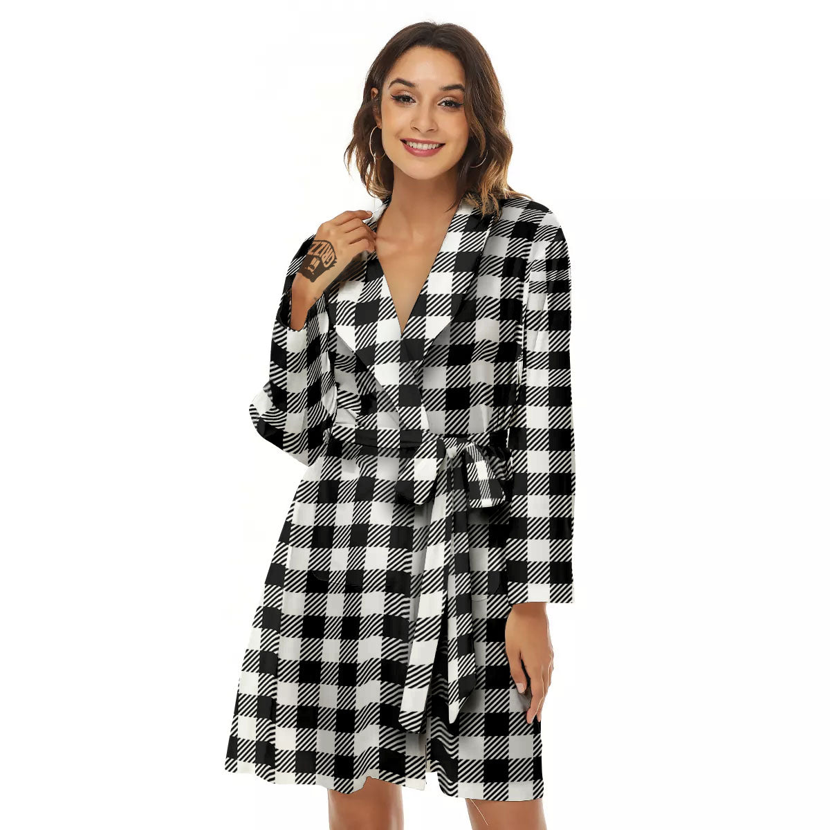 Gingham White And Black Print Pattern Women's Robe-grizzshop