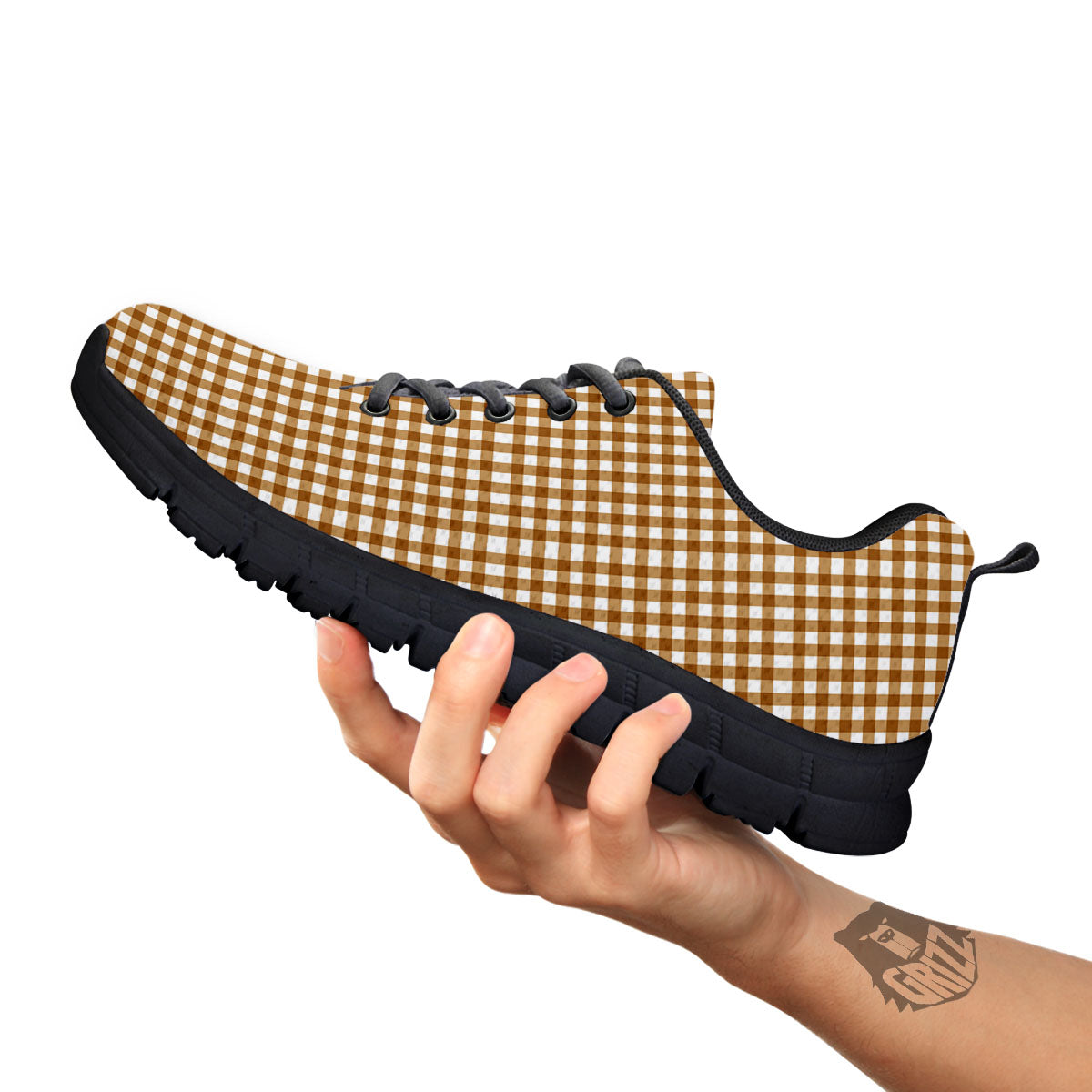 Gingham White And Brown Print Pattern Black Sneaker-grizzshop