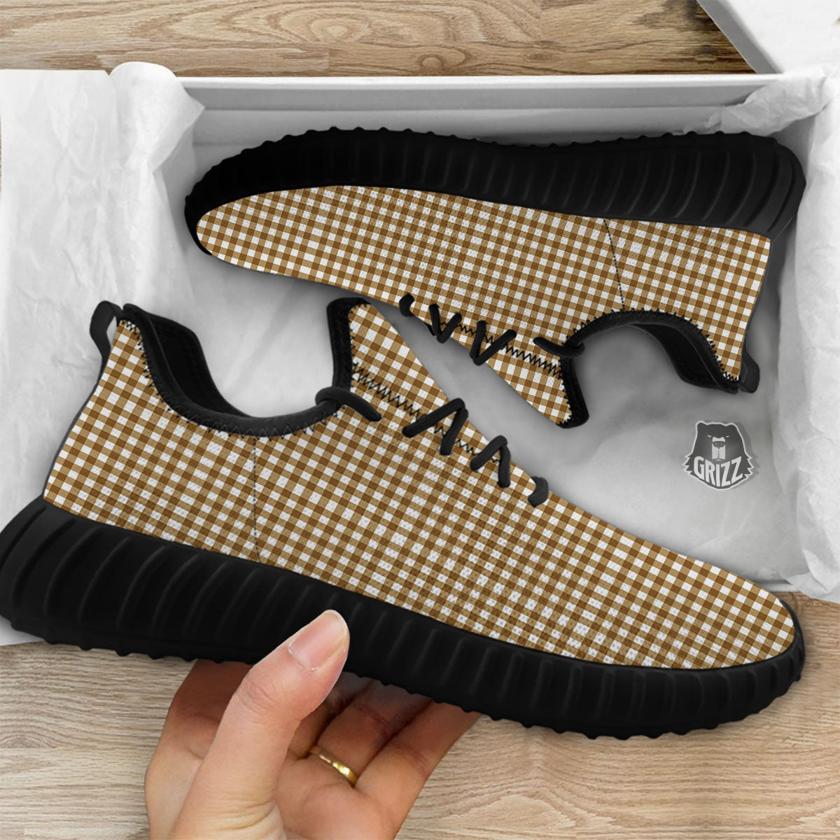 Gingham White And Brown Print Pattern Black Walking Shoes-grizzshop