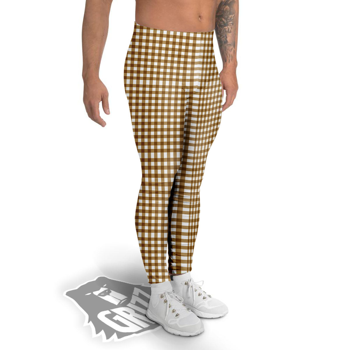 Gingham White And Brown Print Pattern Men's Leggings-grizzshop