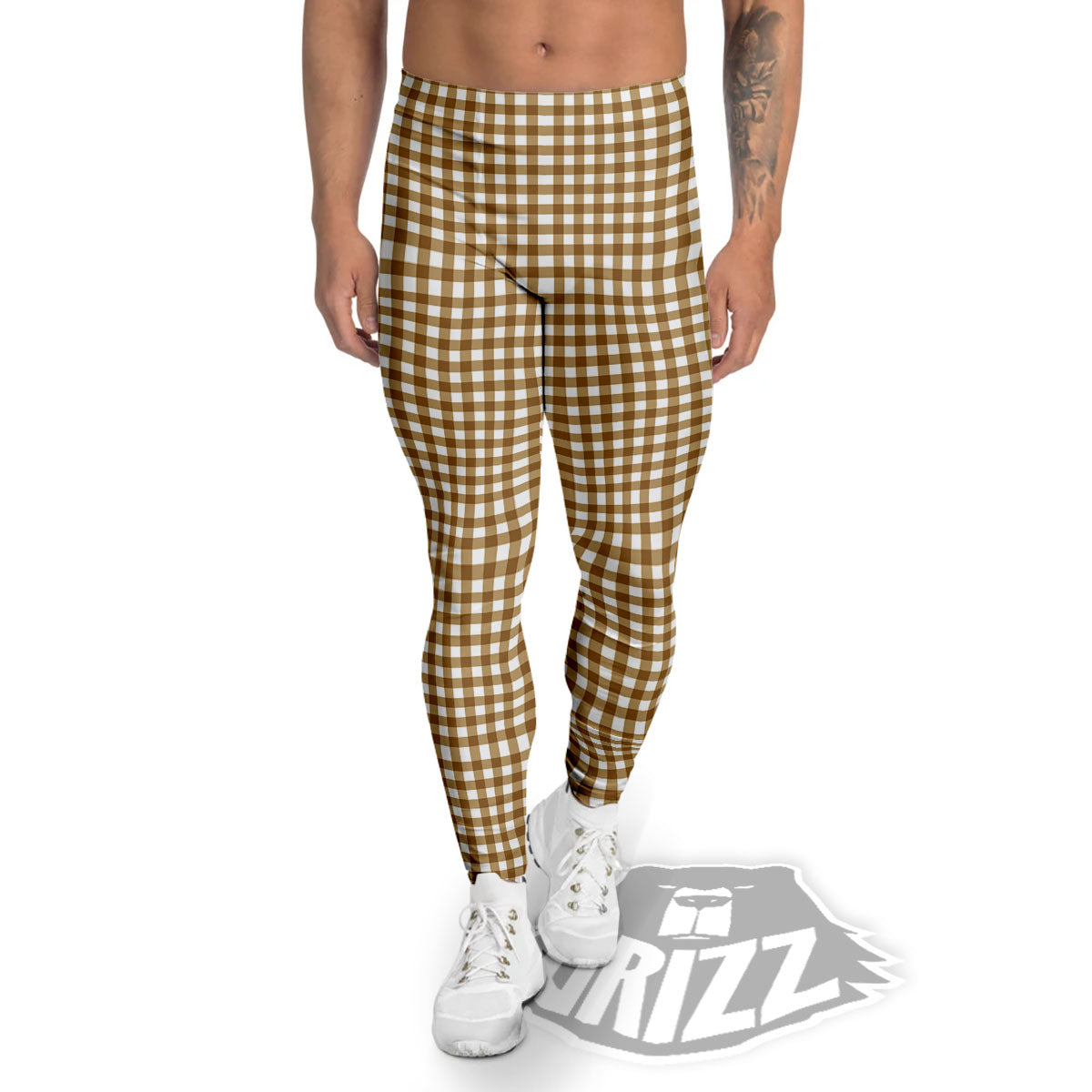 Gingham White And Brown Print Pattern Men's Leggings-grizzshop