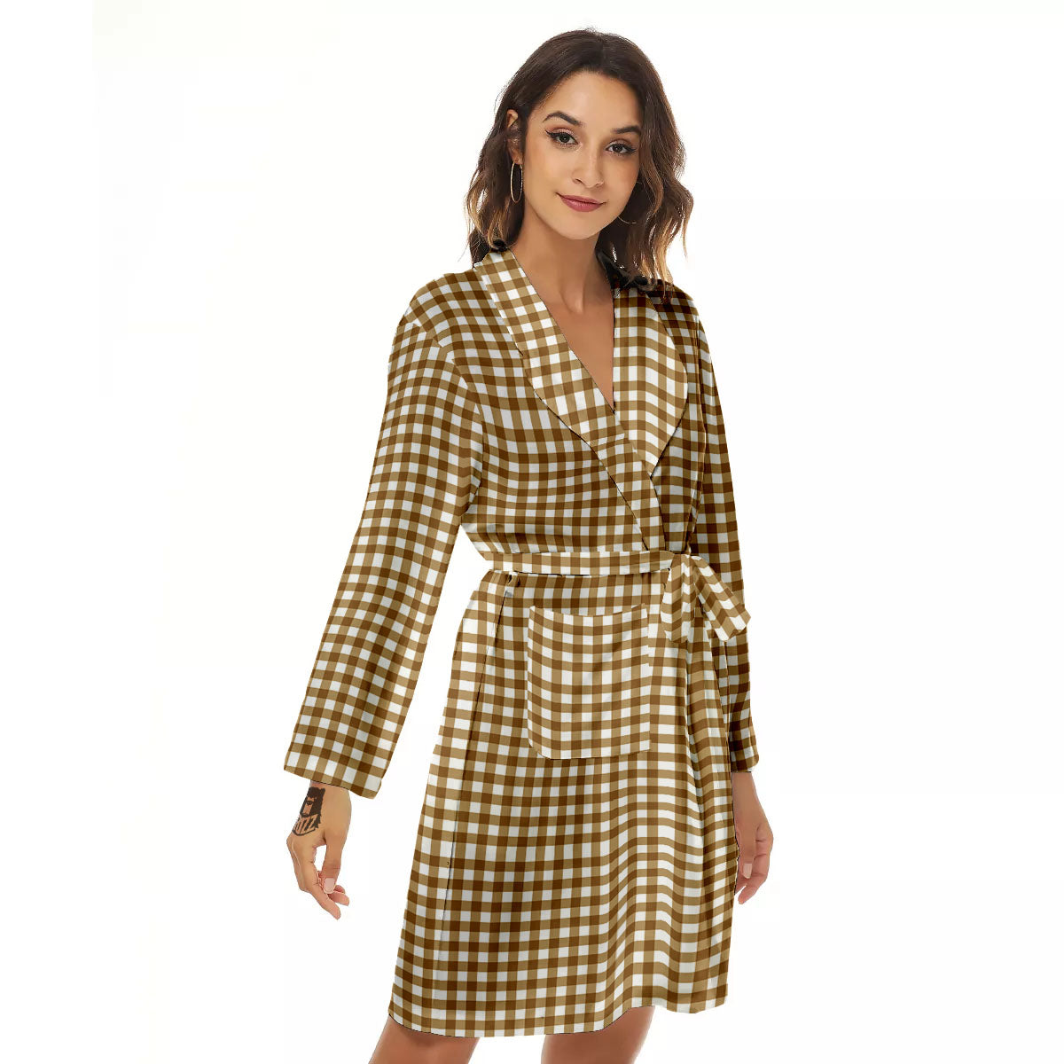 Gingham White And Brown Print Pattern Women's Robe-grizzshop