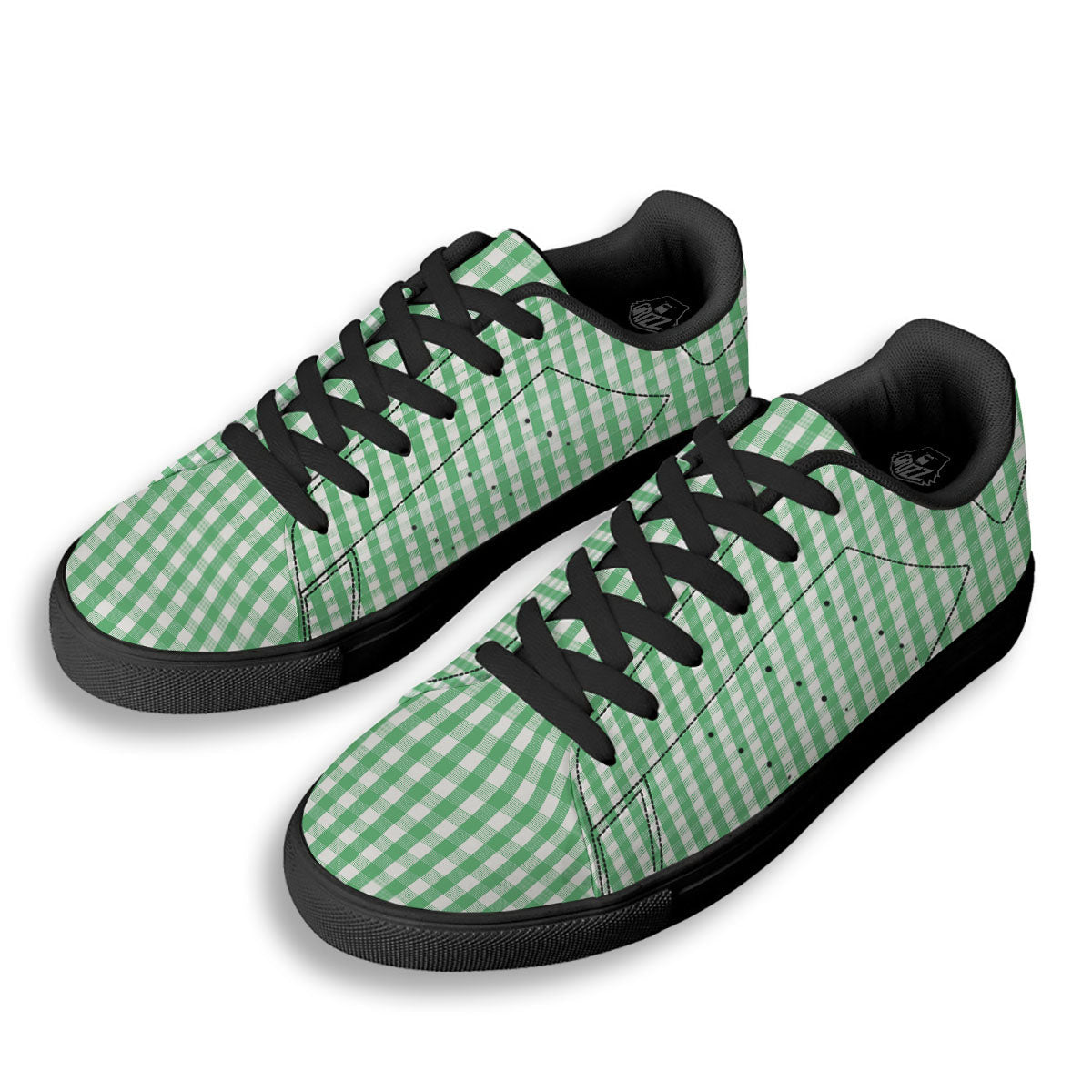 Gingham White And Green Print Pattern Black Low Top Sneakers-grizzshop