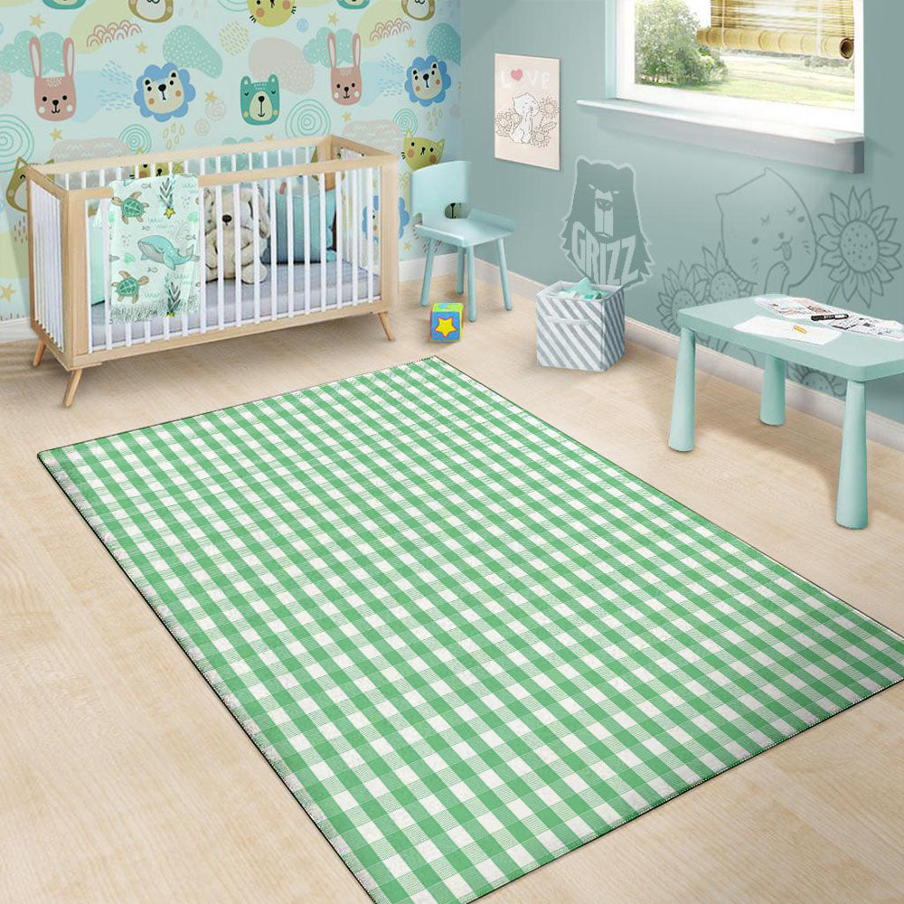 Gingham White And Green Print Pattern Floor Mat-grizzshop