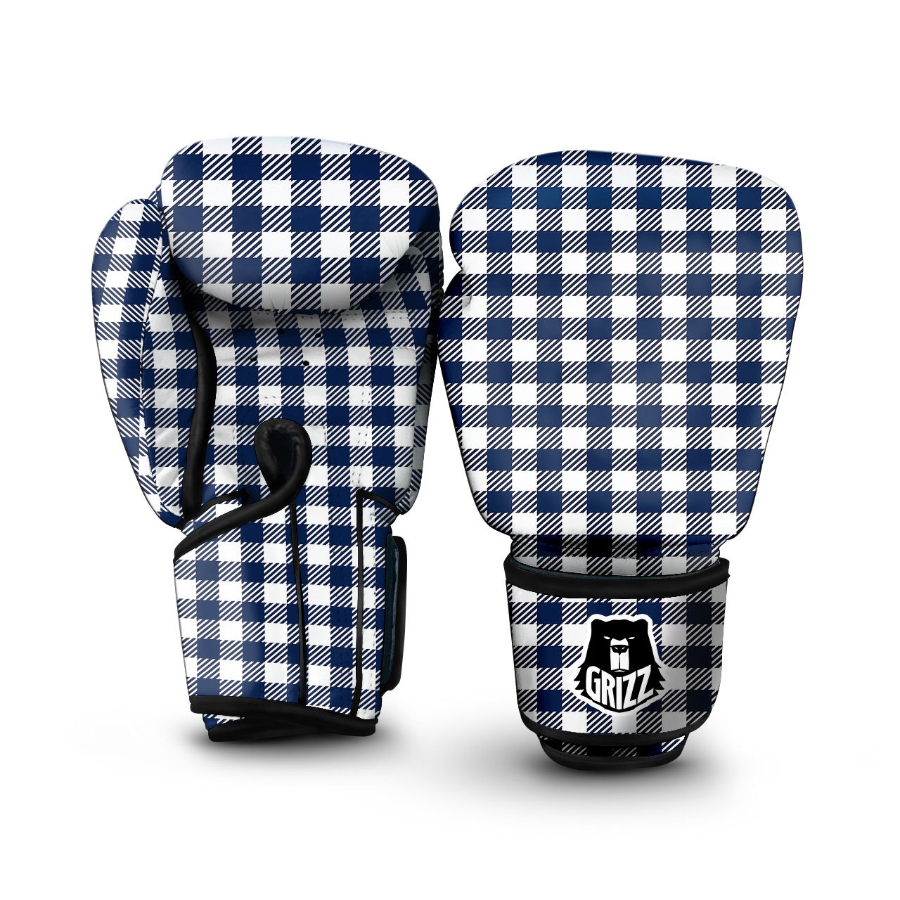 Gingham White And Navy Print Pattern Boxing Gloves-grizzshop