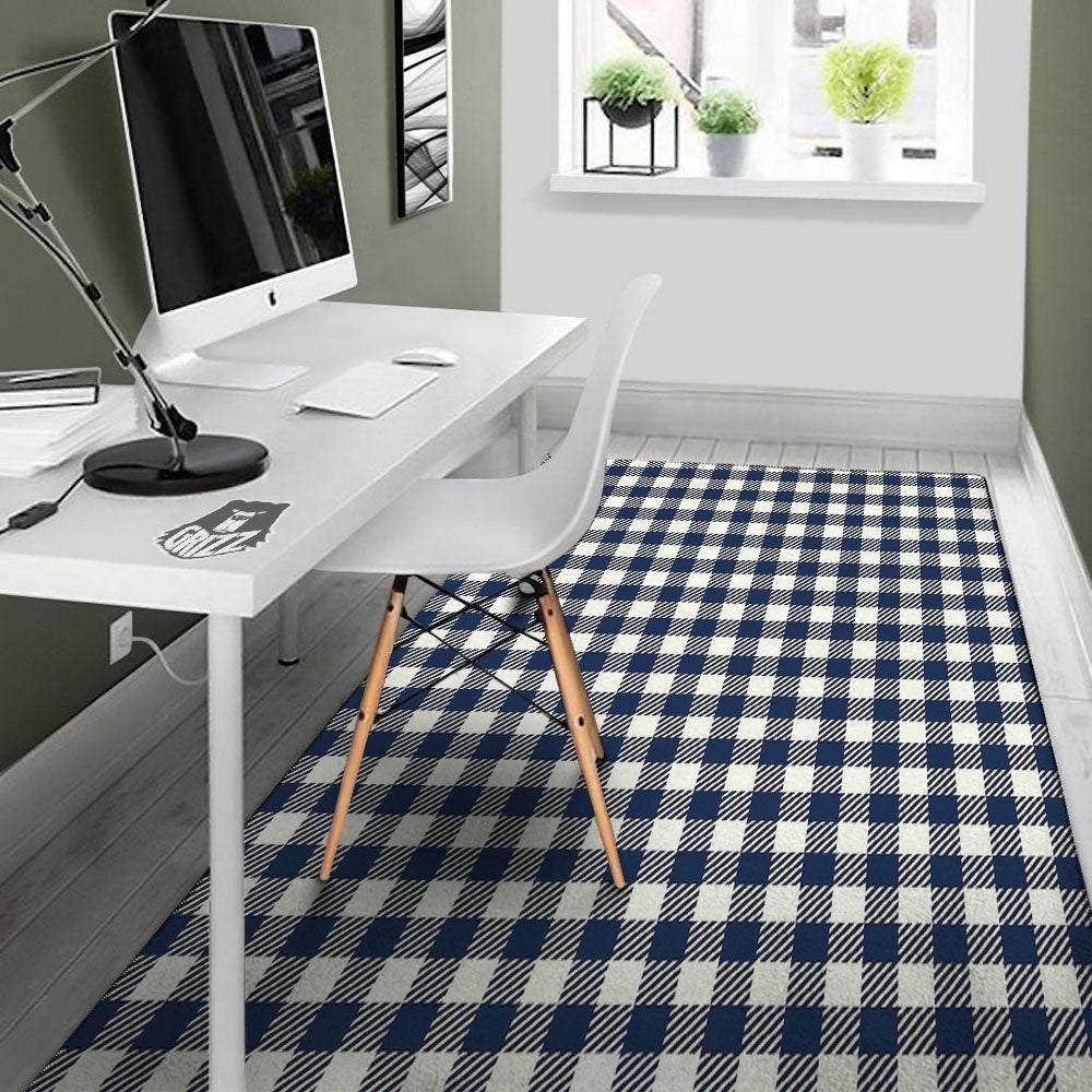 Gingham White And Navy Print Pattern Floor Mat-grizzshop