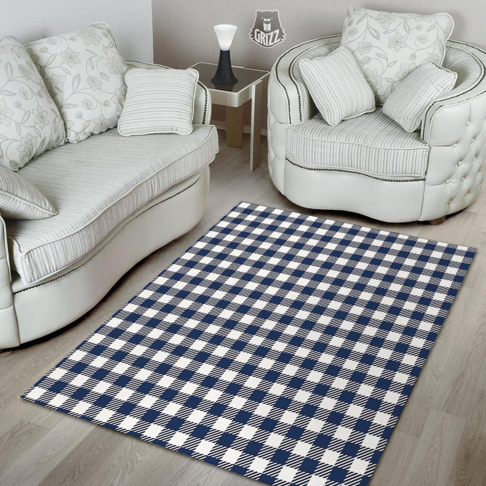 Gingham White And Navy Print Pattern Floor Mat-grizzshop