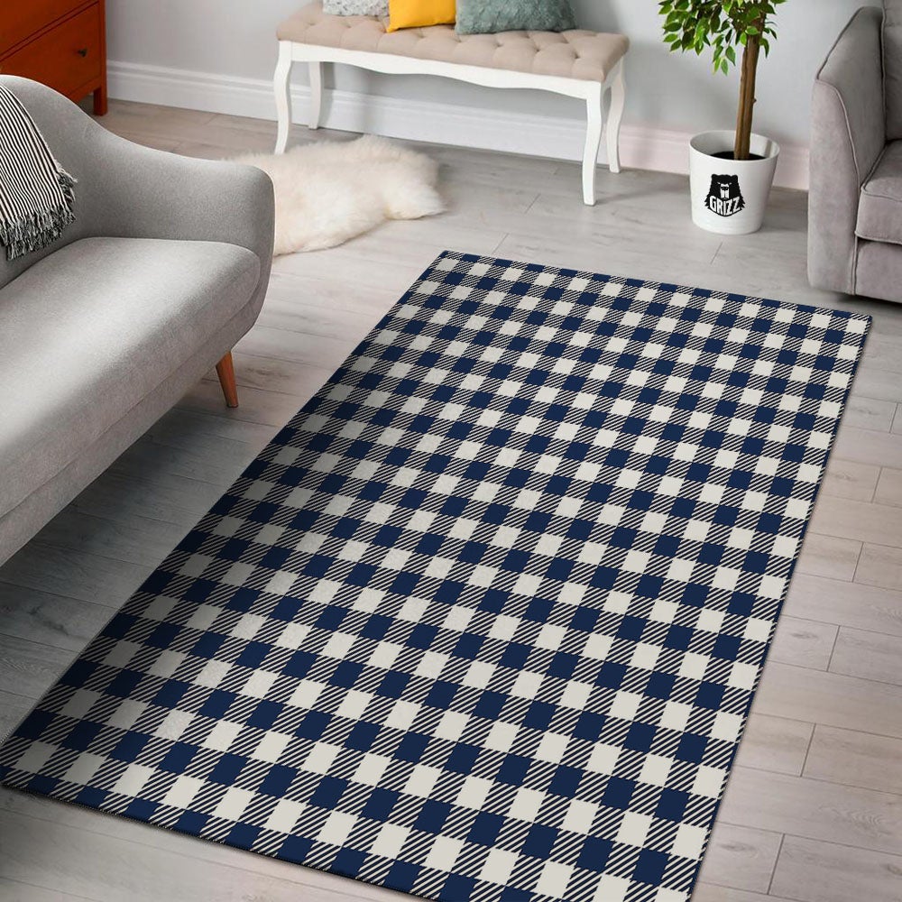Gingham White And Navy Print Pattern Floor Mat-grizzshop