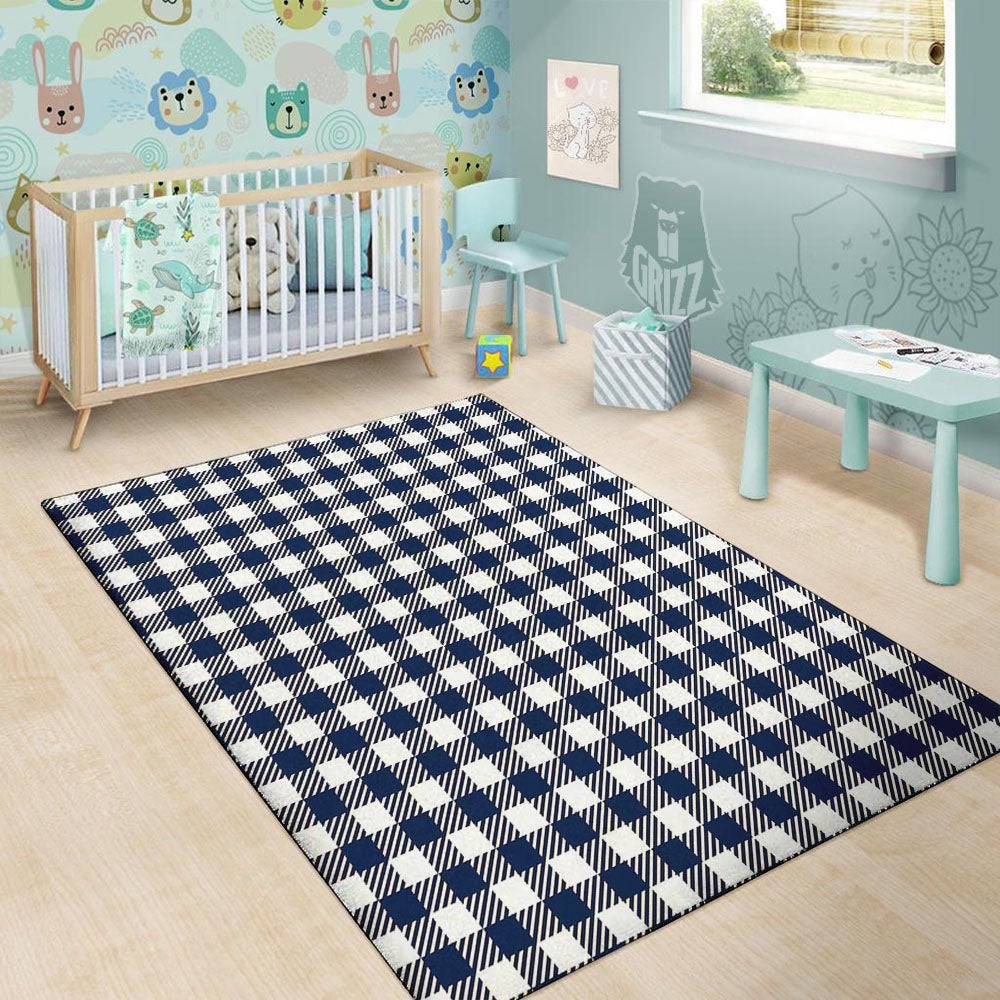 Gingham White And Navy Print Pattern Floor Mat-grizzshop