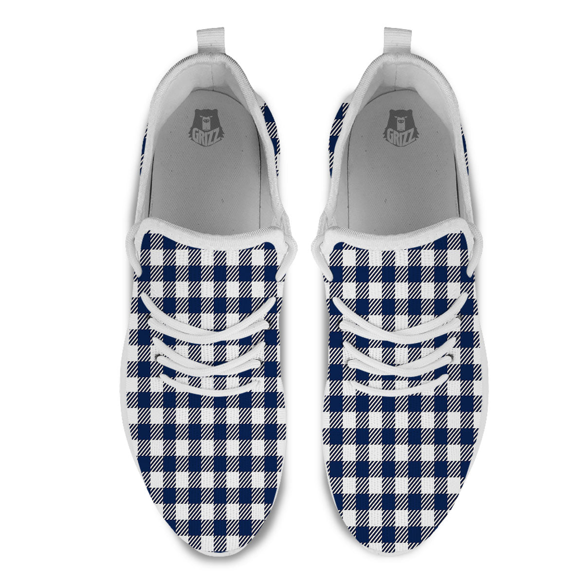 Gingham White And Navy Print Pattern White Athletic Shoes-grizzshop