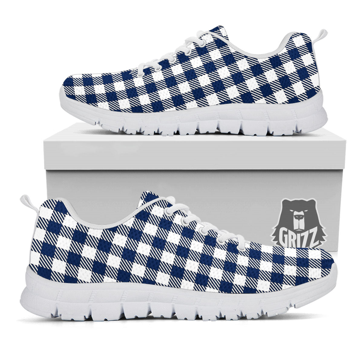 Gingham White And Navy Print Pattern White Sneaker-grizzshop