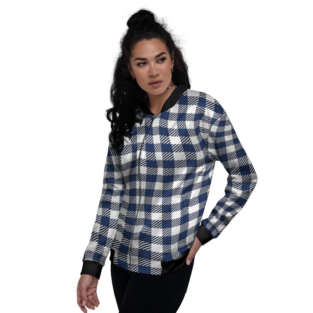Gingham White And Navy Print Pattern Women's Bomber Jacket-grizzshop