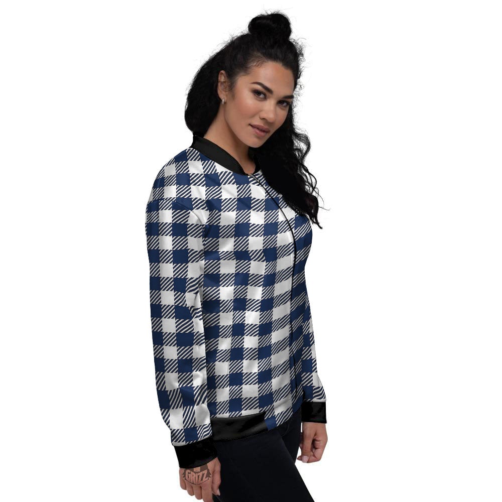 Gingham White And Navy Print Pattern Women's Bomber Jacket-grizzshop