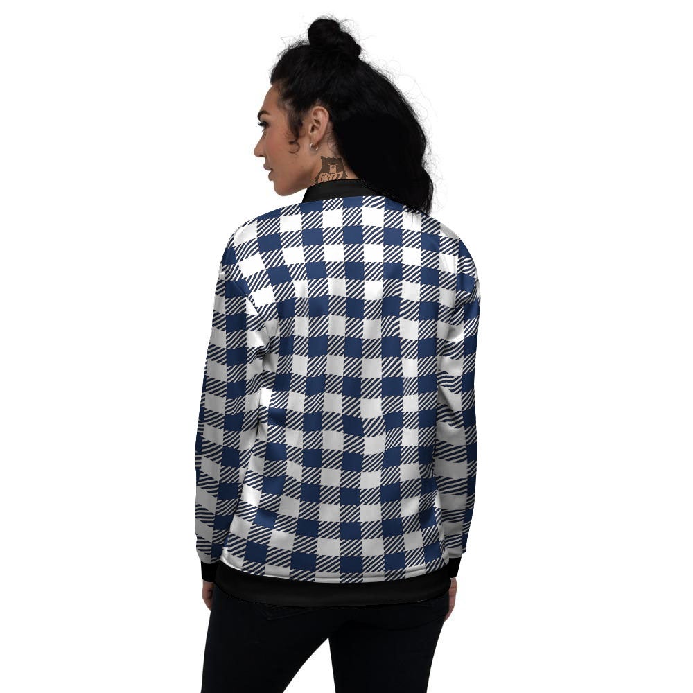 Gingham White And Navy Print Pattern Women's Bomber Jacket-grizzshop
