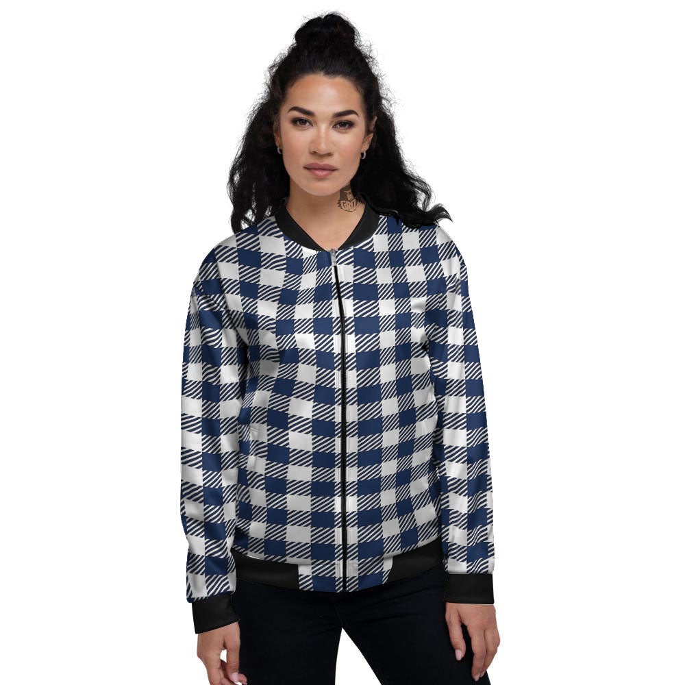 Gingham White And Navy Print Pattern Women's Bomber Jacket-grizzshop