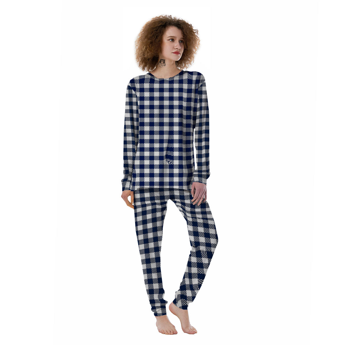 Gingham White And Navy Print Pattern Women's Pajamas-grizzshop