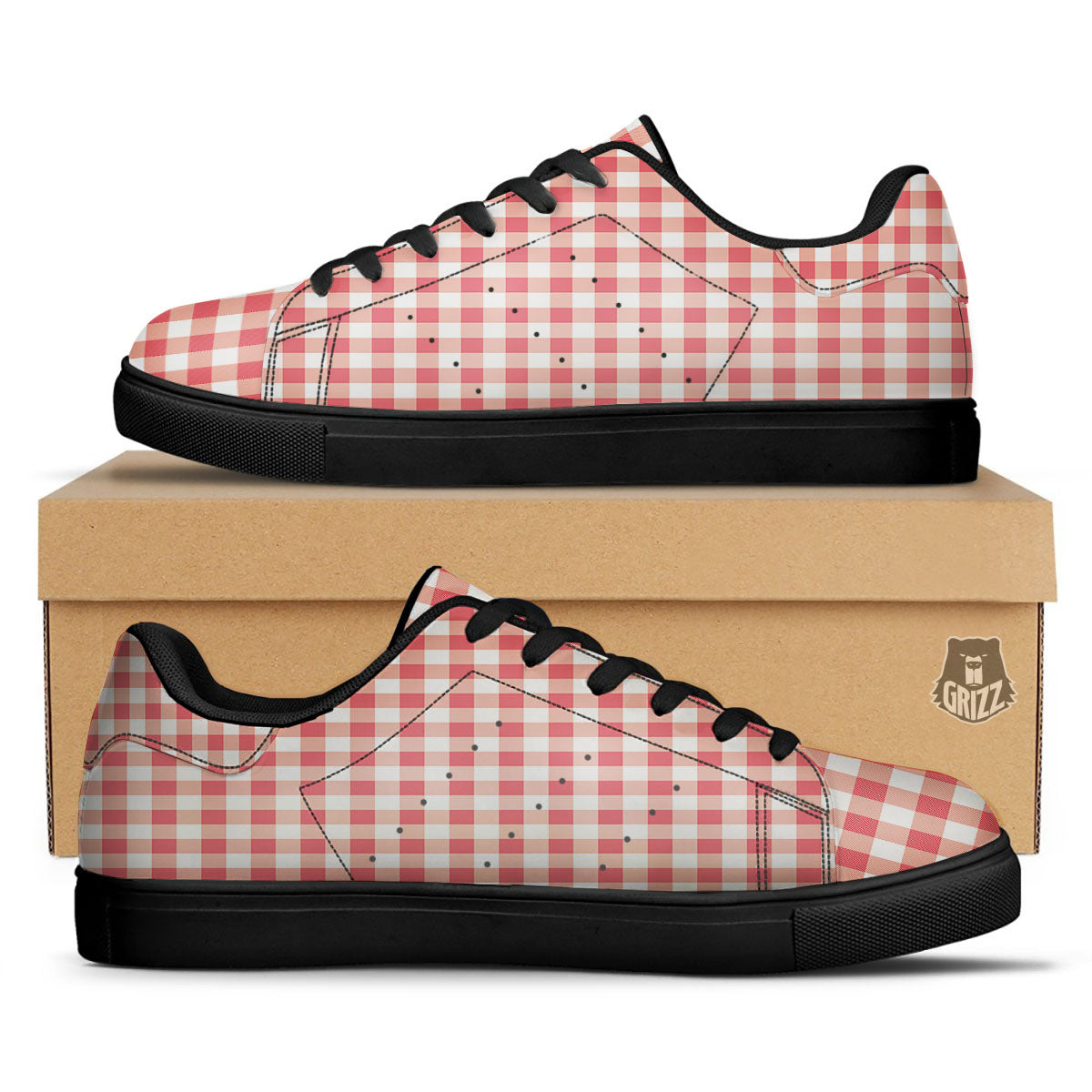 Gingham White And Pink Print Pattern Black Low Top Sneakers-grizzshop