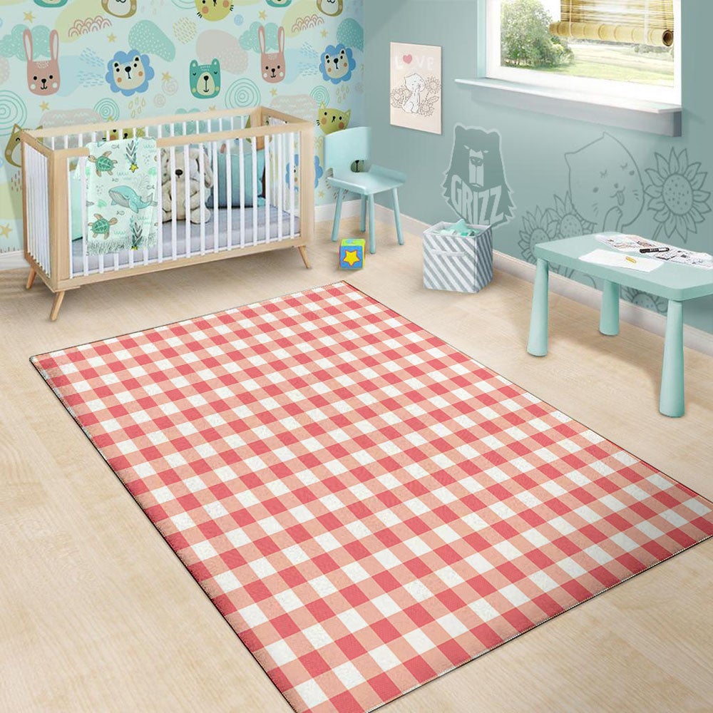 Gingham White And Pink Print Pattern Floor Mat-grizzshop