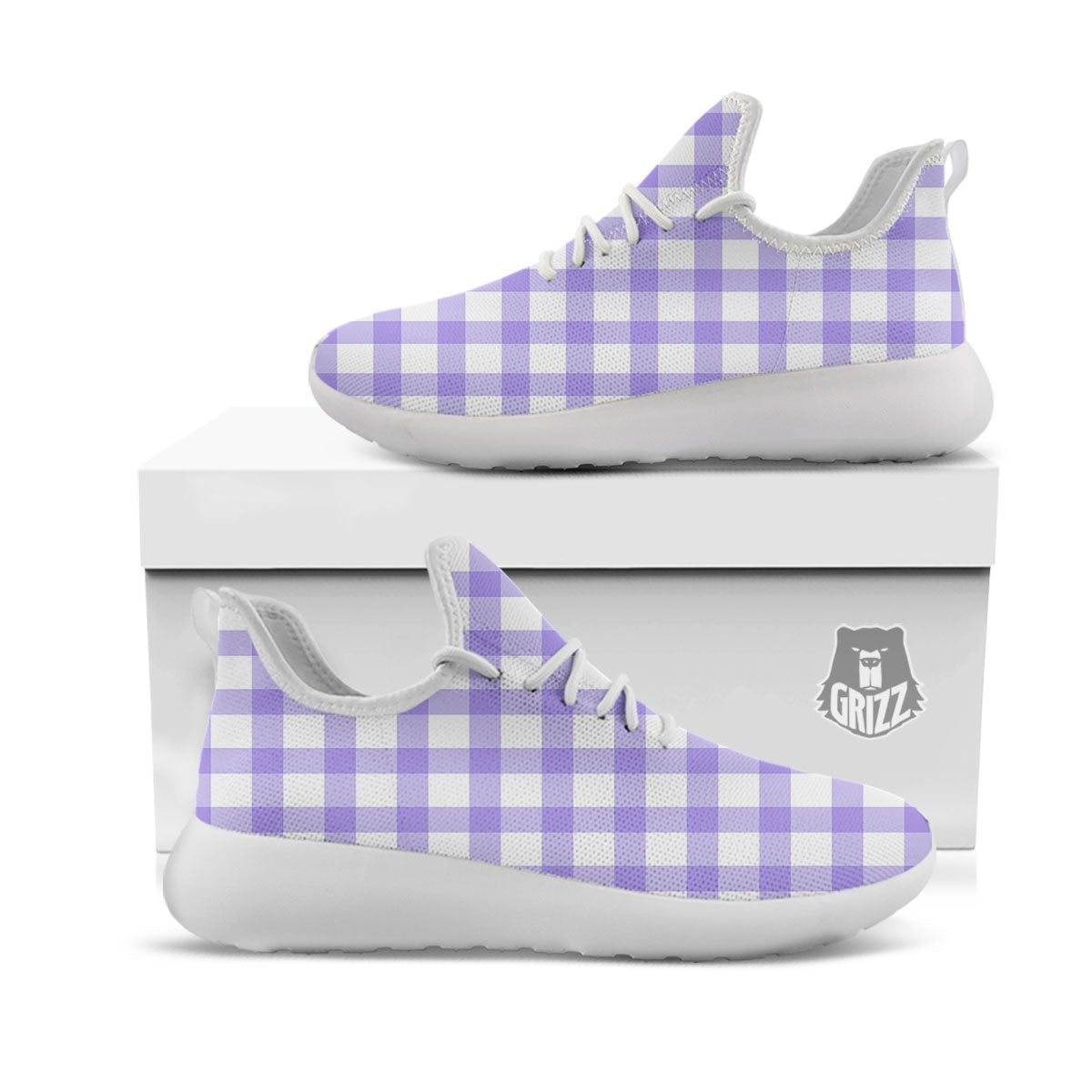 Gingham White And Purple Print Pattern White Athletic Shoes-grizzshop