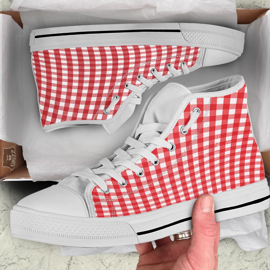 Gingham White And Red Print Pattern White High Top Shoes-grizzshop