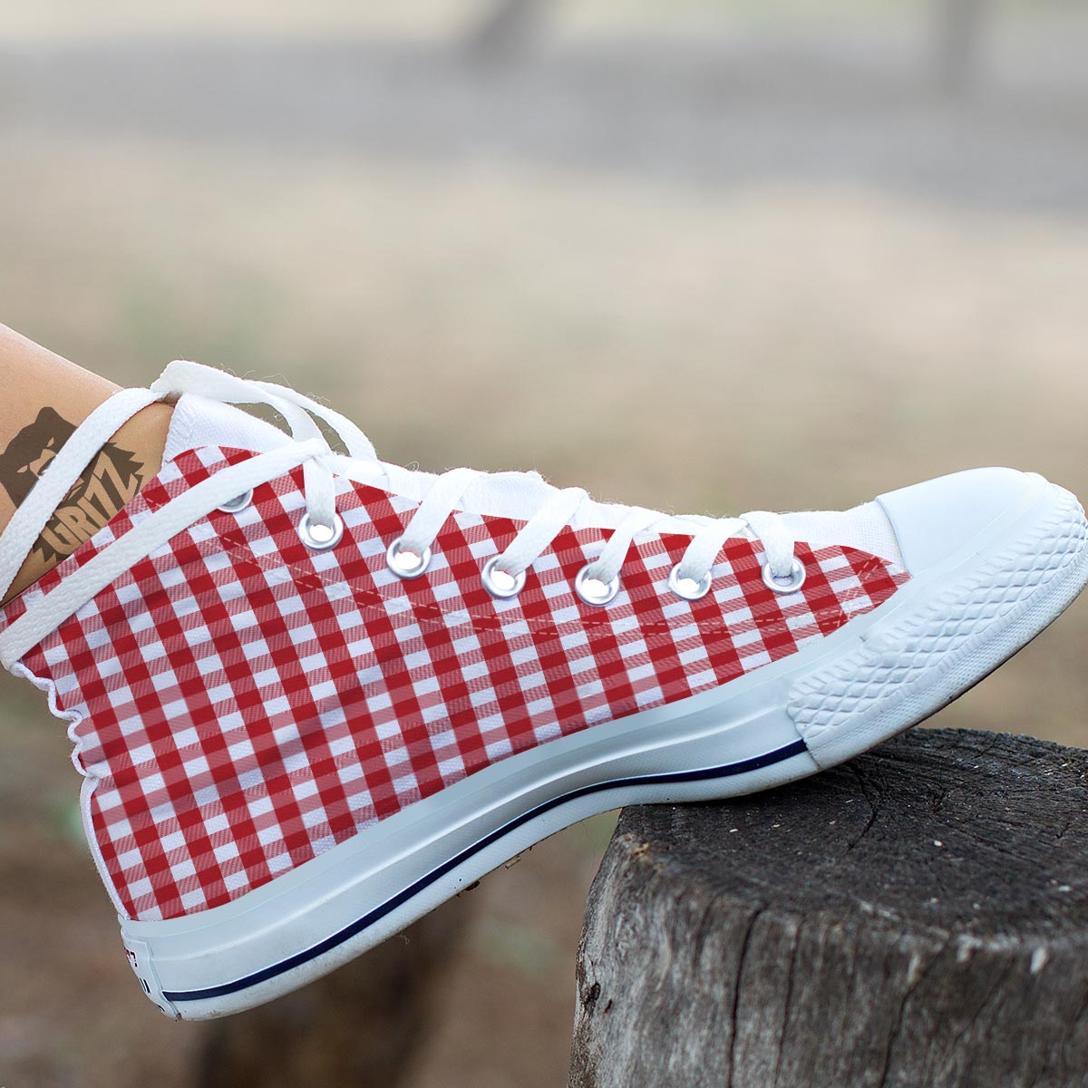 Gingham White And Red Print Pattern White High Top Shoes-grizzshop