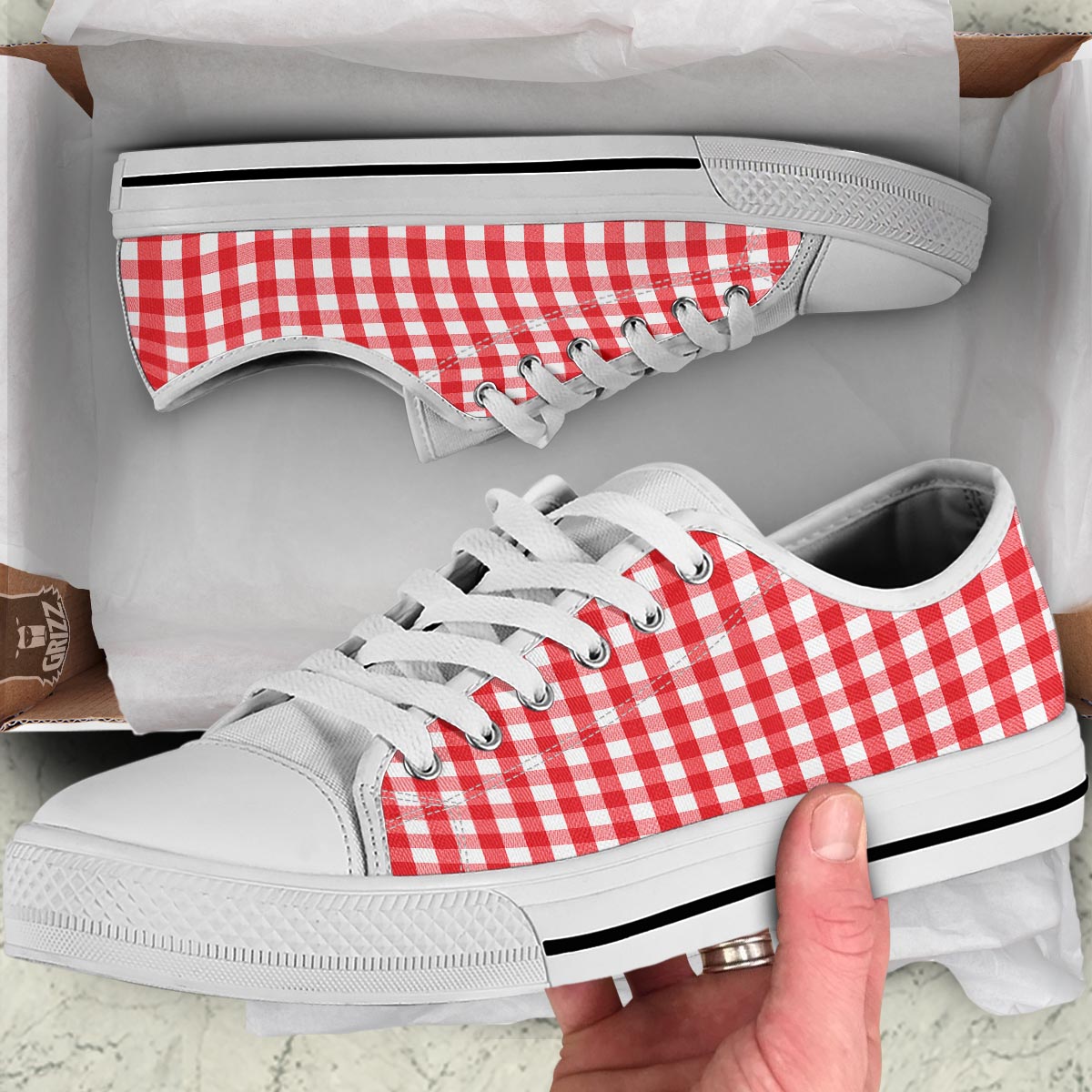 Gingham White And Red Print Pattern White Low Top Shoes-grizzshop