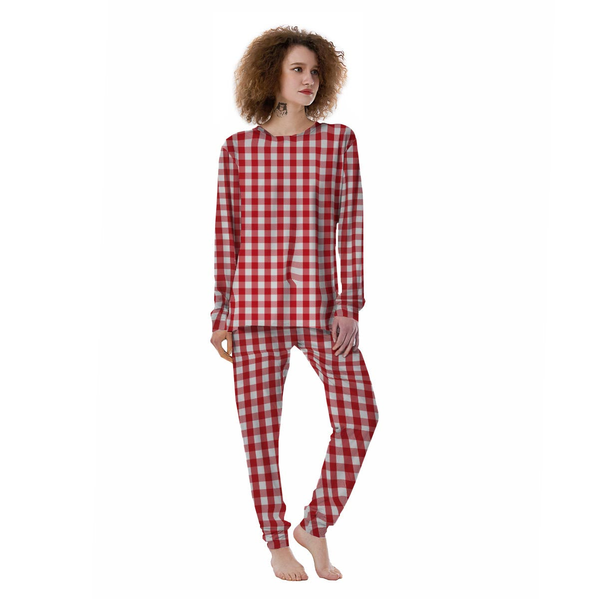 Gingham White And Red Print Pattern Women's Pajamas-grizzshop