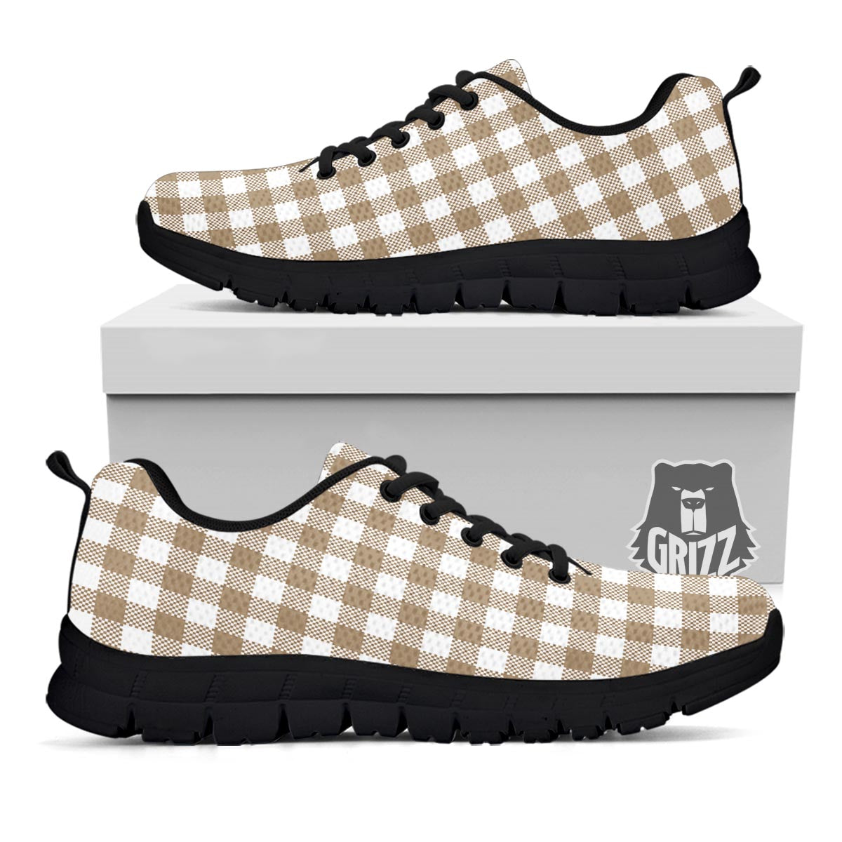 Gingham White And Tan Print Pattern Black Sneaker-grizzshop