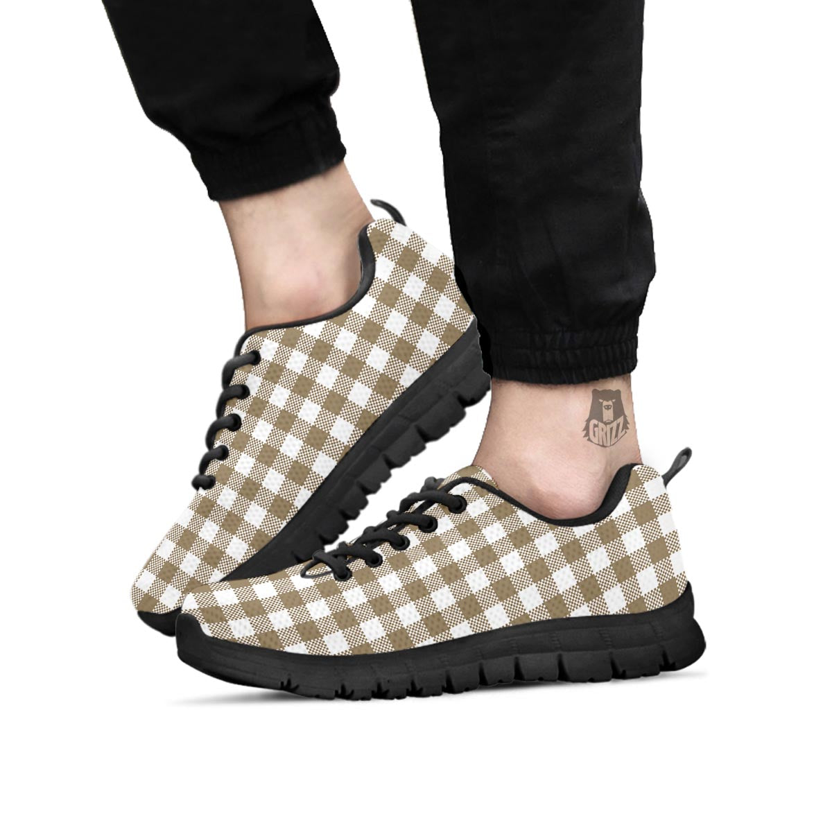 Gingham White And Tan Print Pattern Black Sneaker-grizzshop