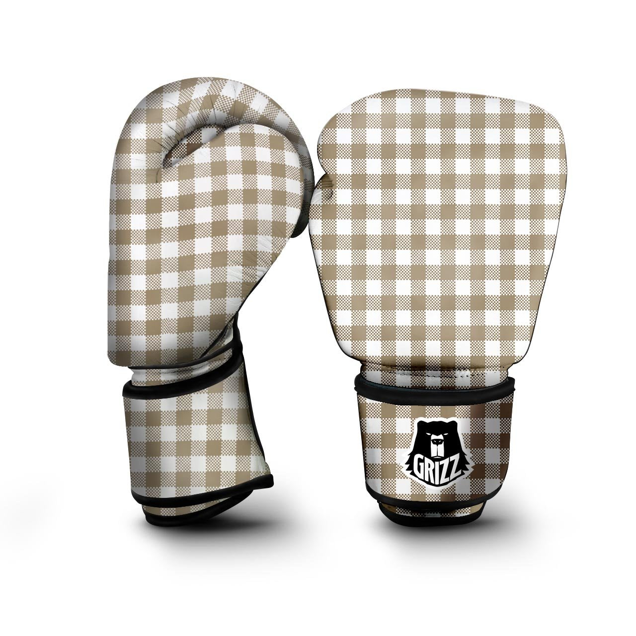 Gingham White And Tan Print Pattern Boxing Gloves-grizzshop
