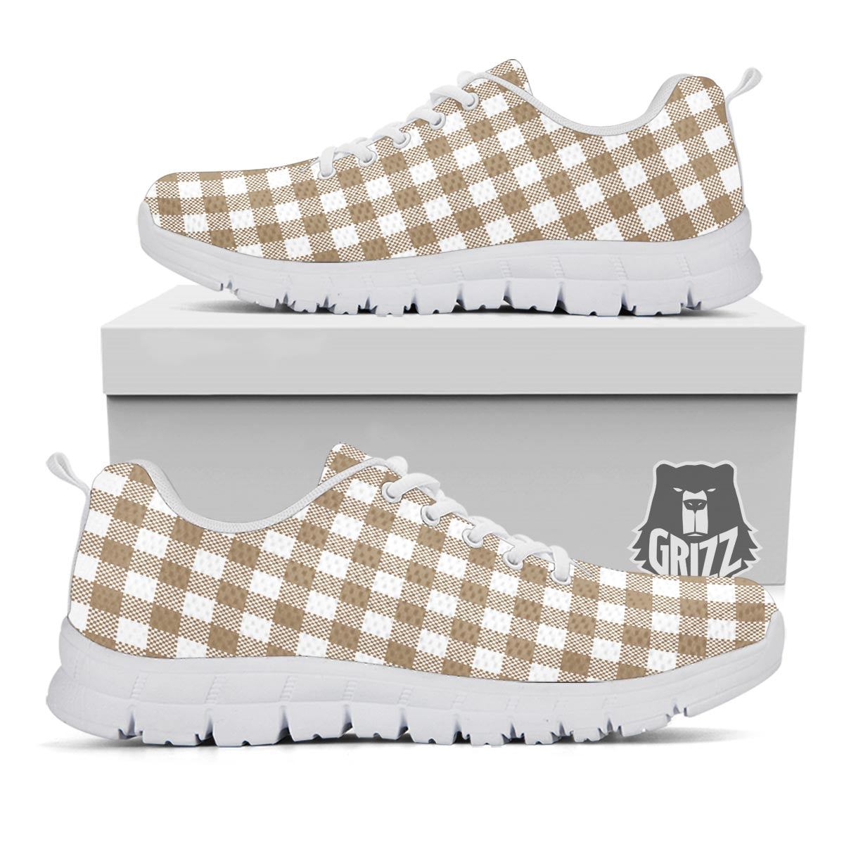 Gingham White And Tan Print Pattern White Sneaker-grizzshop